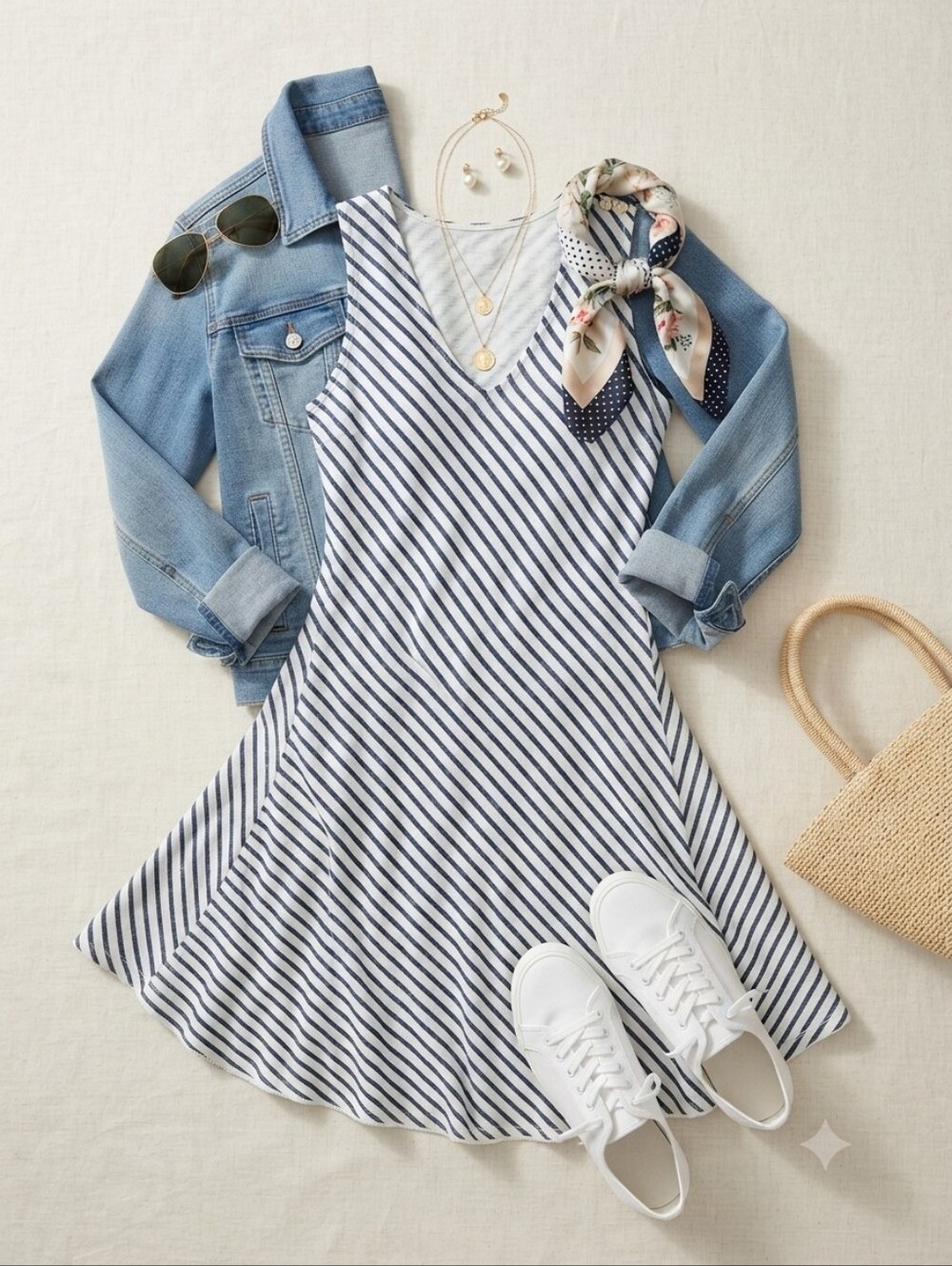 Charlie B Navy White Stripe Cotton Vneck Sleeveless Summer Dress